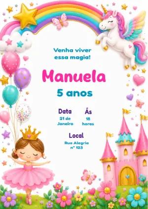 Convite de Aniversário Unicórnio e Princesa Editável