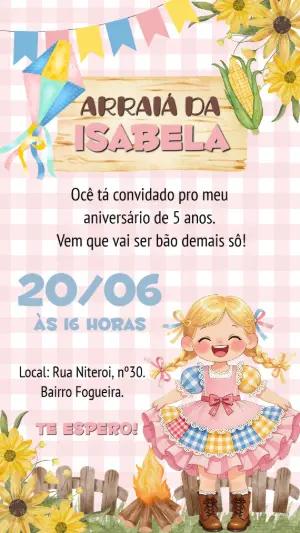 Convite Festa Junina Menina Caipira Rosa para Editar