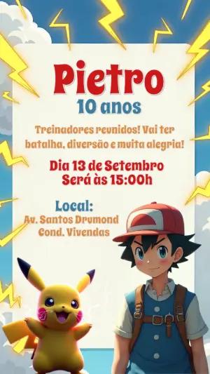 Convite de Aniversário Pokémon com Personagens para Editar Online
