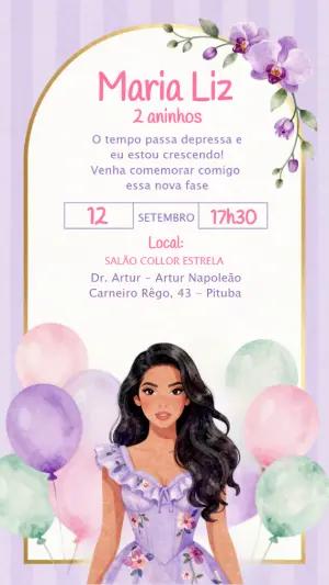 Convite de Aniversário Princesa Lilás Aquarela para Editar