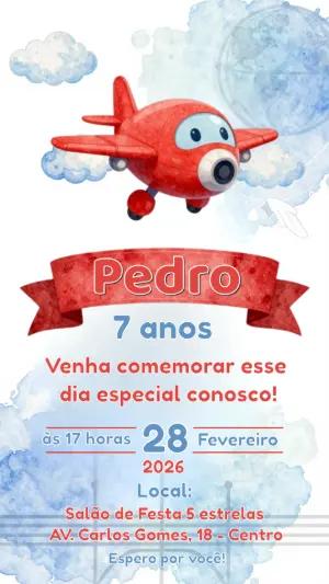 Convite Digital Infantil Tema Avião Vermelho Editável