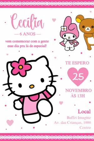 Convite de Aniversário Hello Kitty Rosa e Fofo para Editar