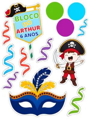Topo de Bolo Carnaval e Pirata Editável para Aniversário