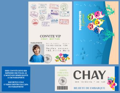 Convite de Aniversário Baby Shark Passaporte Editável