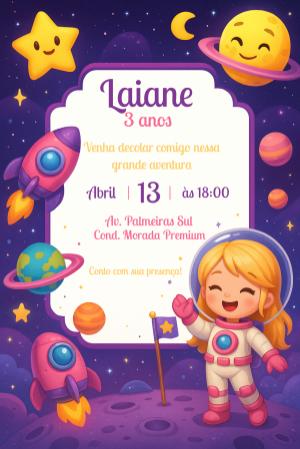Convite de Aniversário Astronauta Menina para Editar Online