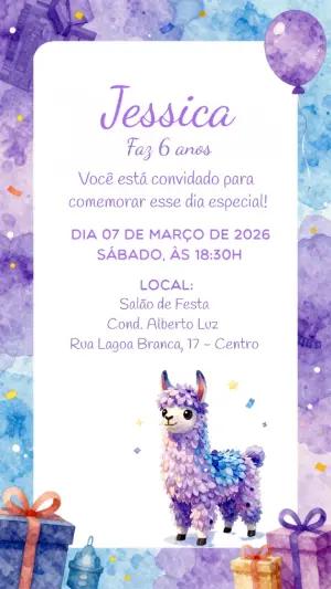 Convite de Aniversário Lhama Aquarela Roxo para Editar