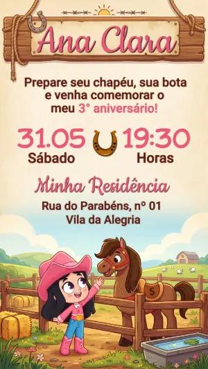 Convite de Aniversário Boiadeirinha Fazendinha Editável