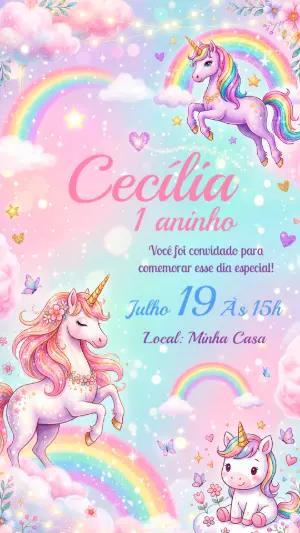 Convite de Aniversário Unicórnio Mágico Colorido para Editar