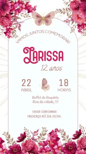 Convite de Aniversário Floral com Borboletas Rosa Editável