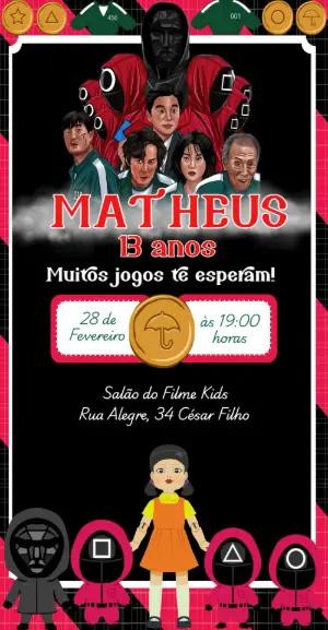 Convite de Aniversário Round 6 com Personagens para Editar