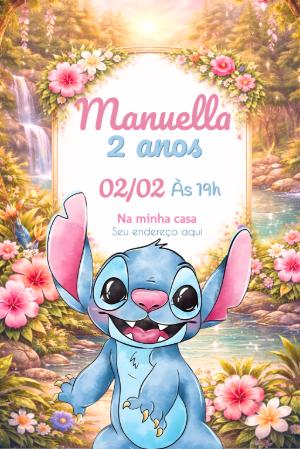 Convite Aniversário Stitch Floral Aquarela para Editar