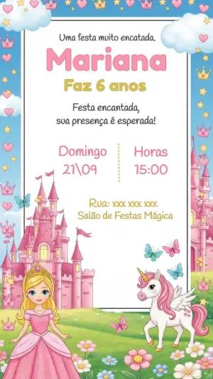 Convite Aniversário Princesa e Unicórnio para Editar Online