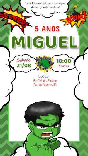 Convite de Aniversário Hulk Infantil Estilo Quadrinhos Editável