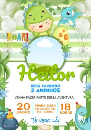 Convite de Aniversário Dinossauro Fofo Editável para Menino