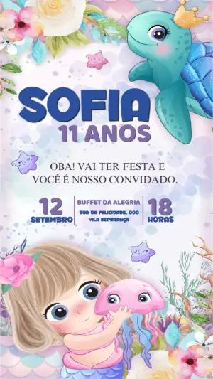 Convite Digital Fundo do Mar com Sereia e Tartaruga para Editar