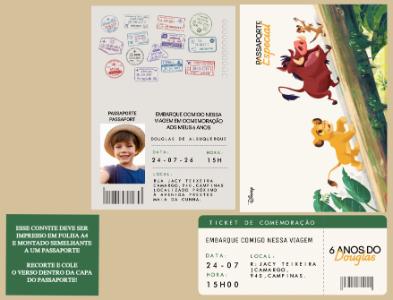 Convite Passaporte Rei Leão para Aniversário Infantil Editável