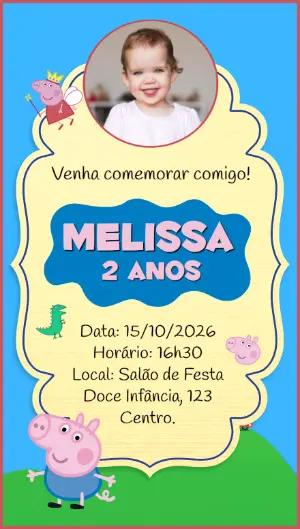 Convite de Aniversário Peppa Pig com Foto Modelo Editável