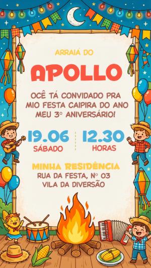 Convite de Aniversário Arraiá Infantil Colorido para Editar