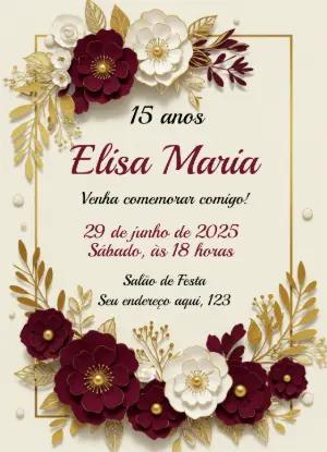 Convite 15 anos Floral Marsala e Dourado para Editar Online