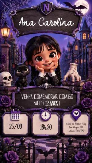 Convite de Aniversário Wandinha Addams Editável