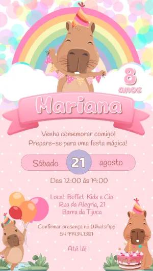 Convite Aniversário Capivara Fofa com Arco-Íris para Editar