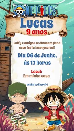 Convite de Aniversário One Piece com Personagens para Editar