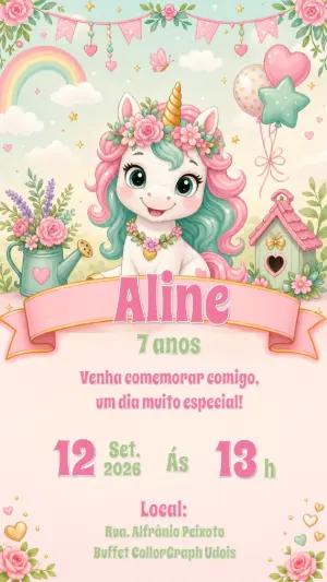 Convite Aniversário Unicórnio Jardim Encantado Editável