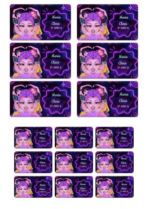 Etiqueta Escolar Guerreiras do K-pop Roxo Neon Modelo Editável