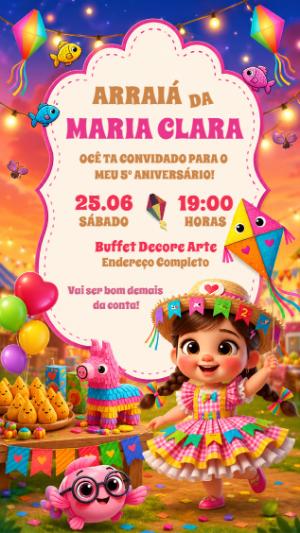 Convite de Aniversário Arraiá Infantil Colorido para Editar