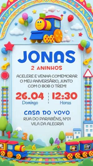 Convite de Aniversário Infantil Bob o Trem 3D para Editar