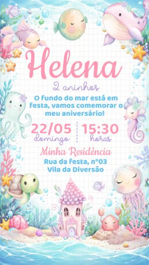 Convite de Aniversário Fundo do Mar Aquarela Menina Editável
