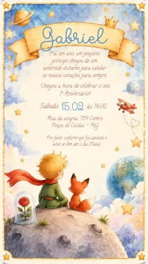 Convite de Aniversário O Pequeno Príncipe Aquarela Editável