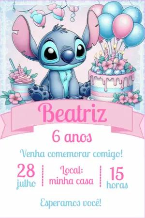 Convite Aniversário Stitch Rosa para Editar Online