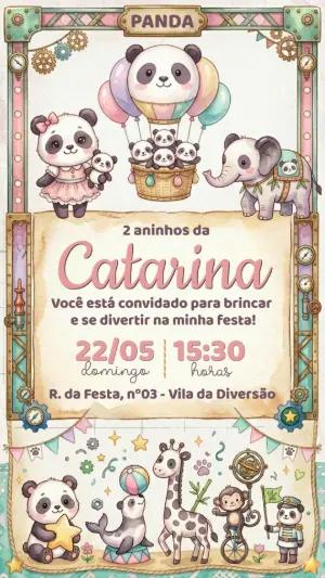 Convite de Aniversário Panda Circo Fofo para Editar