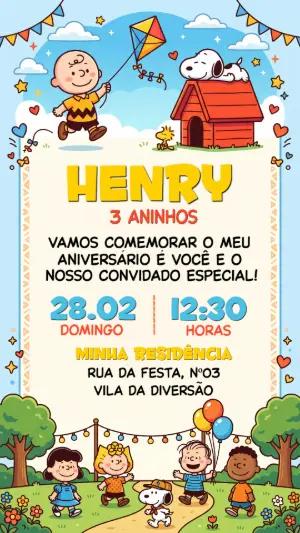 Convite de Aniversário Infantil Snoopy e Turma Editável