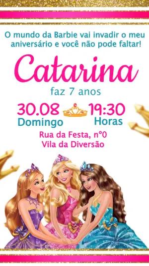 Convite de Aniversário Barbie Princesa Rosa e Dourado Editável