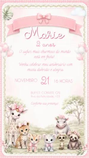 Convite Aniversário Safari Rosa Menina Editável