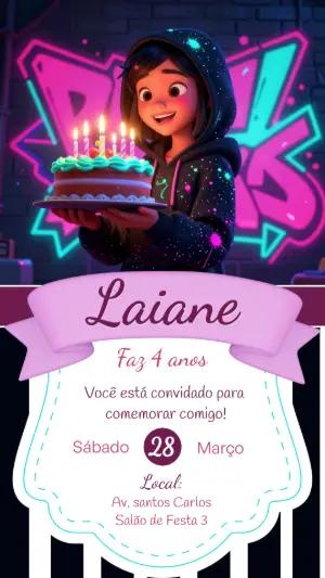 Convite de Aniversário Neon Grafite 3D para Editar