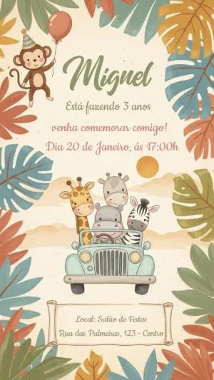 Convite de Aniversário Safari com Animais Fofos para Editar