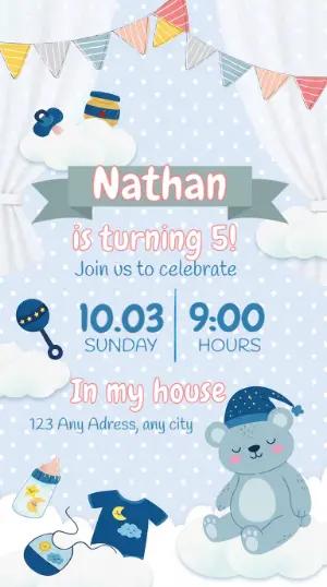 Editable Blue Bear Birthday Invitation Template