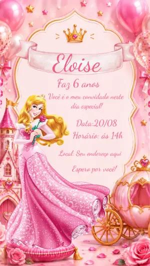 Convite de Aniversário Princesa Aurora Rosa Editável