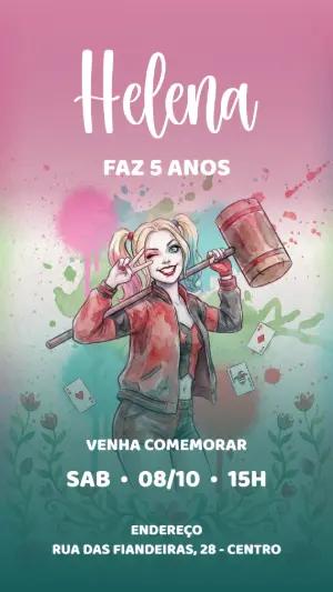Convite de Aniversário Arlequina Aquarela para Editar