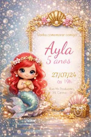 Convite de Aniversário Pequena Sereia Ariel com Glitter para Editar
