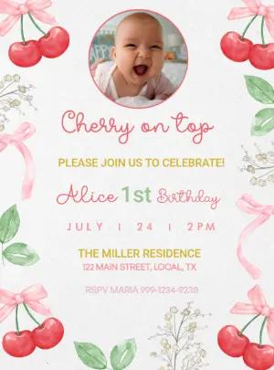 Sweet Cherry First Birthday Invitation Editable Template