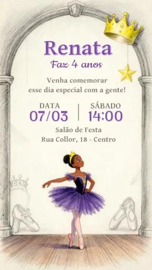 Convite de Aniversário Bailarina Negra Ilustrado para Editar