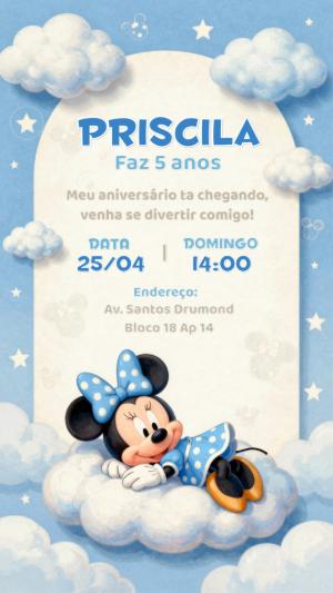 Convite de Aniversário Minnie Azul nas Nuvens Editável