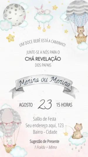 Convite Chá Revelação Ursinhos e Balão para Editar Online