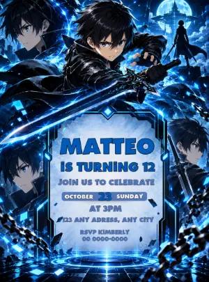 Sword Art Online Birthday Invitation | Editable Template for Boys