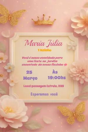 Convite de 1º Aninho Princesa Jardim Encantado Editável