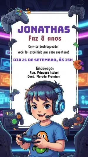 Convite de Aniversário Gamer com Menino para Editar Online